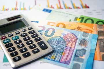 Euro banknotes with calculator, Banking Account, Investment Analytic research data economy, trading, Business company concept.