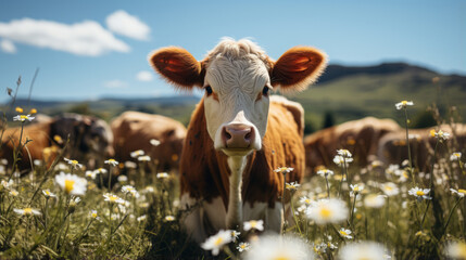 Well-groomed cow in the field.Farm life. Cow in the pasture - obrazy, fototapety, plakaty