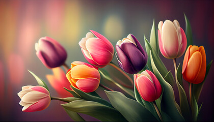 Spring tulip bouquet on blurred bokeh background, isolated flowers. Bright colourful composition. Generative AI