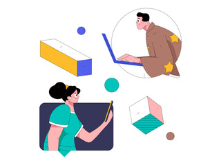 Virtual characters social communication concept business flat vector hand drawn illustration
