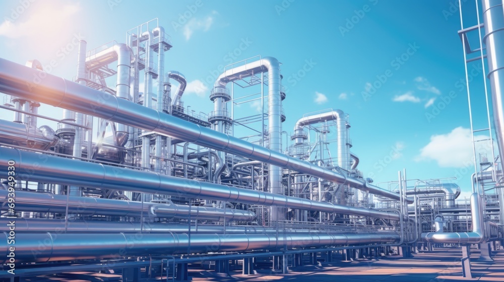 Poster a collection of pipes in a large industrial area. this image can be used to depict infrastructure, m