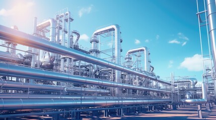 A collection of pipes in a large industrial area. This image can be used to depict infrastructure, manufacturing, or industrial processes