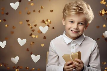 Valentine's Day, charming blond smiling boy with a valentine in his hands. Colorful background, joy...