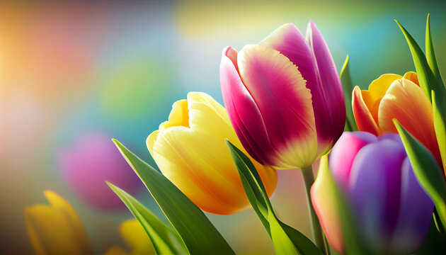 Spring tulip bouquet on blurred bokeh background, isolated flowers. Bright colourful composition. Generative AI - Powered by Adobe