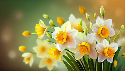 Narcissus or daffodil spring bouquet, blur multicolour bokeh background. Beautiful composition. Generative AI