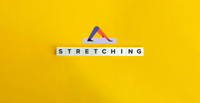 Stretching Word and Concept Image. Text on Block Letter Tiles and Icon on Yellow Background. Minimalist Aesthetics.