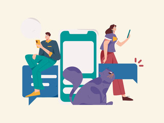Virtual characters social communication concept business flat vector hand drawn illustration
