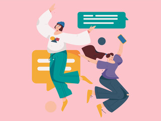 Virtual characters social communication concept business flat vector hand drawn illustration
