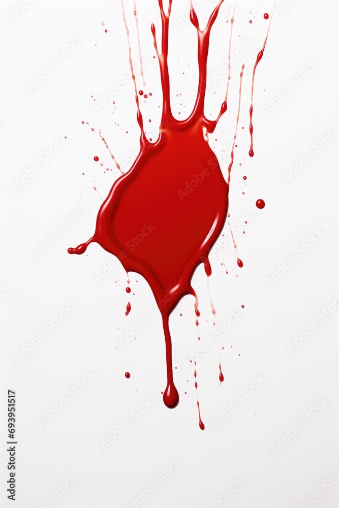 Poster A dynamic image capturing a red liquid splashing onto a clean white surface. Ideal for illustrating concepts such as motion, impact, or creativity.