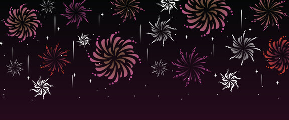 Red and white fireworks happy new year bright on dark banner