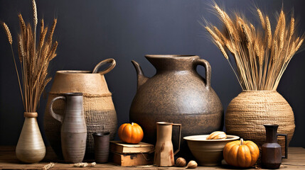 Autumnal Harvest Display with Rustic Pottery, Wheat Sheaves, and Pumpkins on Wooden Table