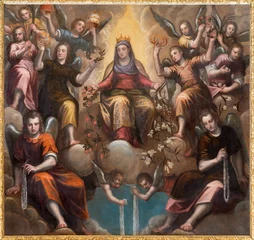 Fototapeten VICENZA, ITALY - NOVEMBER 7, 2023: The baroque painting of Virgin of the Rosary in presbytery of the chruch Chiesa di Santa Corona by  Alessandro Maganza ( 1556 – 1632). © Renáta Sedmáková