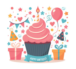 Happy birthday scene. Vector illustration.Isolated on white background.