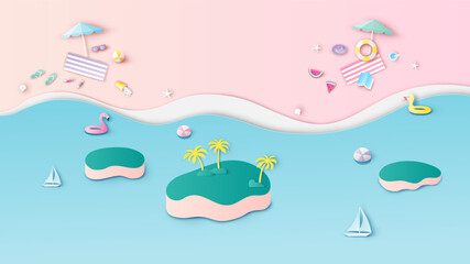 Sea landscape in summer with water play equipment placed on the beach. Aerial landscape of summer beach. Sea landscape. Summer time. Paper cut and craft style. vector, illustration.