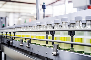 Conveyor Belt Filled with a Line of Liquid-Filled Bottles