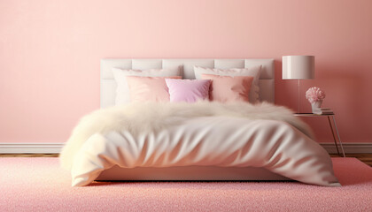 Modern bedroom with a luxurious bed featuring soft peach-colored bedding, fluffy white fur throw, pastel pillows, on a matching pink rug