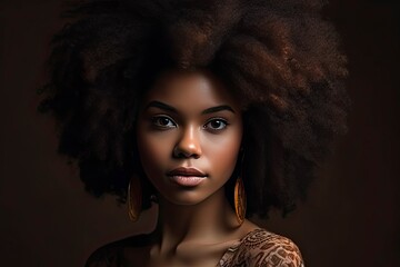 Woman hair care and cosmetics face with natural curly hair against studio background. - obrazy, fototapety, plakaty