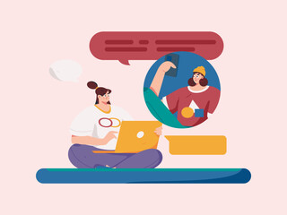 Virtual characters social communication concept business flat vector hand drawn illustration
