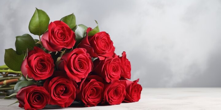 luxury bouquet of fresh red roses on light background, banner, copy space