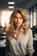 Fototapeta premium A woman with long blonde hair wearing a shirt. Suitable for fashion and lifestyle-related projects