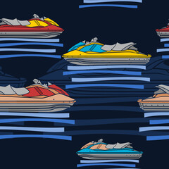 Editable Side View Personal Watercraft or Water Scooter in Various Colors on Calm Water Vector Illustration as Seamless Pattern With Dark Background for Transportation or Recreation Related Design