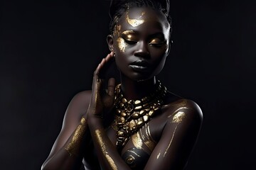 Beautiful African woman with black skin body art.