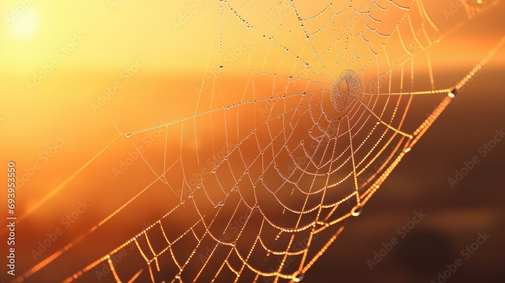 Poster a spider web glistening with water droplets. perfect for adding a touch of nature to your designs