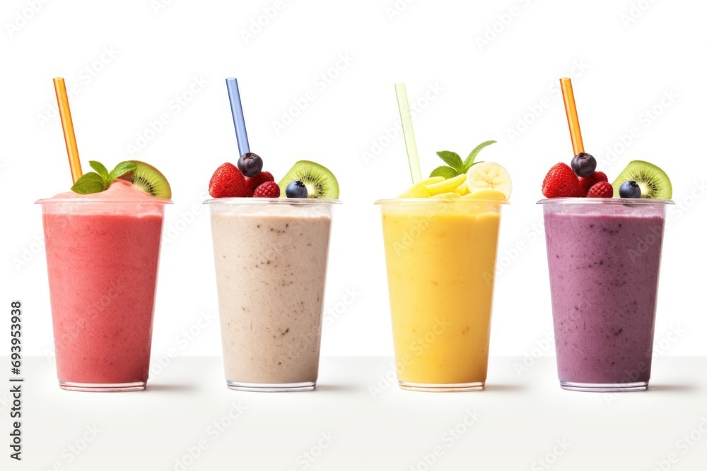 Poster a row of delicious and refreshing fruit smoothies made with strawberries, raspberries, and kiwi. per