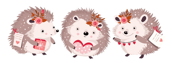 Cute hedgehog forest small animal character set with gift heart and flower. Valentines day vector happy funny greeting card birthday.