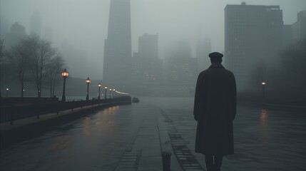 Fototapeta premium A man wearing a long coat walks on the foggy street