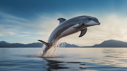Fototapeta premium Leaping Atlantic Dolphin, Crisp Ocean Backdrop