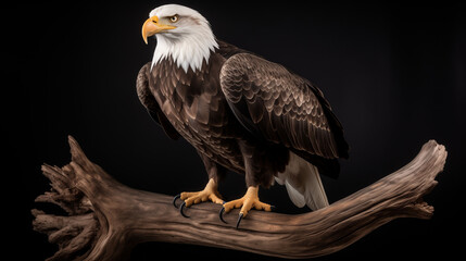 Obraz premium Majestic Bald Eagle, Perched on Driftwood, Dark Backdrop