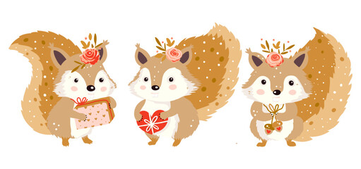 Cute squirrel forest set. Animal collection character with gift and flower Vector happy funny greeting card for Valentine day and birthday.