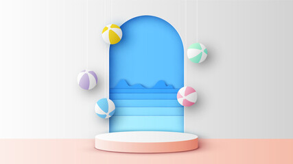 Summer circle stage podium with sea view and beach ball hanging. Summer mockup template. paper cut and craft style. vector, illustration.