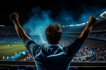 Fototapeta na wymiar Shot from behind a football fan in a blue shirt cheering at a football stadium