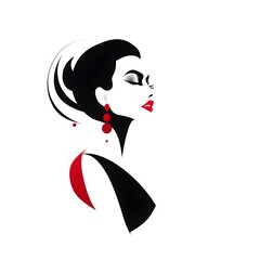 Young woman face in the style of black and red minimalistic abstract logo. Beautiful lady portrait with red lips. Vector Stock illustration isolated on white background.