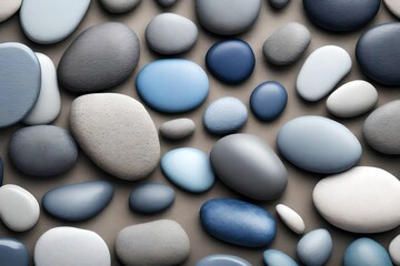 Fototapeta na wymiar Smooth pebble-like shapes in calming shades of gray and blue, arranged in a balanced layout, promoting a sense of tranquility and balance.