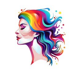 Happy woman with rainbow color hair vector logo isolated on white. girl pride month vibe lgbtq community. Smiling female character enjoys her freedom and life. Body positive health care concept