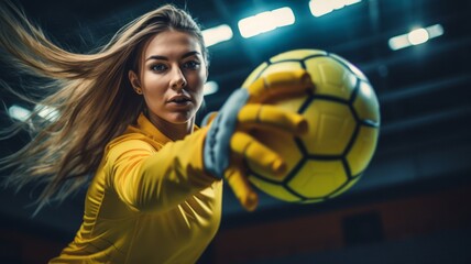 The skillful maneuver of a female football goalkeeper in a vibrant yellow suit as she adeptly catches the ball - obrazy, fototapety, plakaty