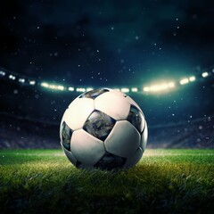 Naklejka premium The tranquility of a football ball resting on the stadium grass under the night sky