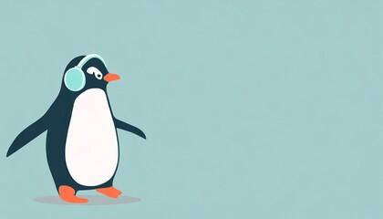 Penguin listening to music with headphones