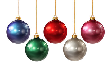 Set of colorful watercolor decorative Christmas balls hanging on golden rope isolated on transparent background PNG