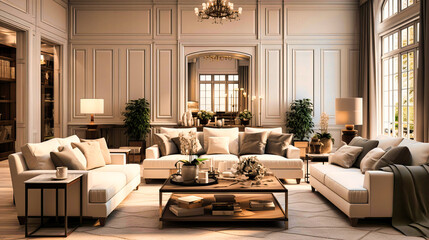 Fototapeta na wymiar Elegant Living Room with Neutral Tones and Crystal Chandelier,