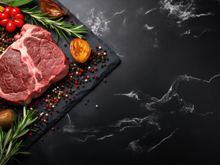 Top view of raw beef steak meat with rosemary and seasonings on black stone board background. Free space for your text, banner. 