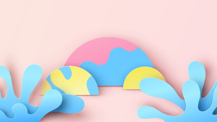 Circle mockup template for Summer decorate with colorful circles background and water splash. Summer mockup template. paper cut and craft style. vector, illustration.