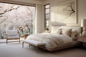 Tranquil bedroom with a neutral color palette, plush bedding, and a large window overlooking a peaceful garden