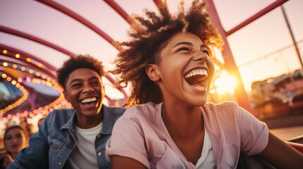 Teenagers at an amusement park, capturing the thrill of riding roller coasters and enjoying carnival games.