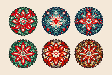 Round Vector Folk Art Ethnic Flower Star Christmas Ornament Set. Intricate Scandinavian Star Folk Card Print