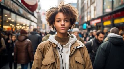 A teenager confidently expressing themselves through street fashion, standing out in a bustling urban setting. - obrazy, fototapety, plakaty