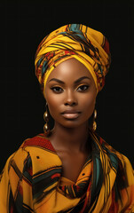 Close up studio half-length portrait beautiful, african woman in traditional jewelry, clothes and colorful turban made of scarf on black background